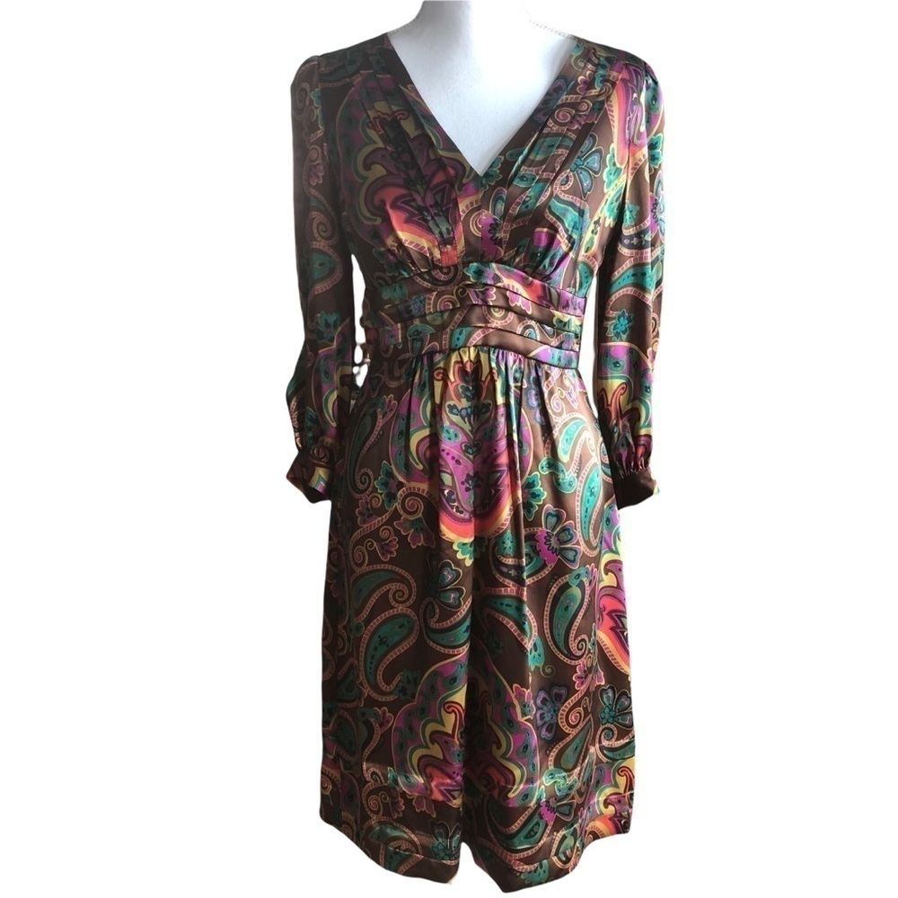 Sandra Angelozzi Silk Brown Multi Color Floral Patterned Dress EU Size 34